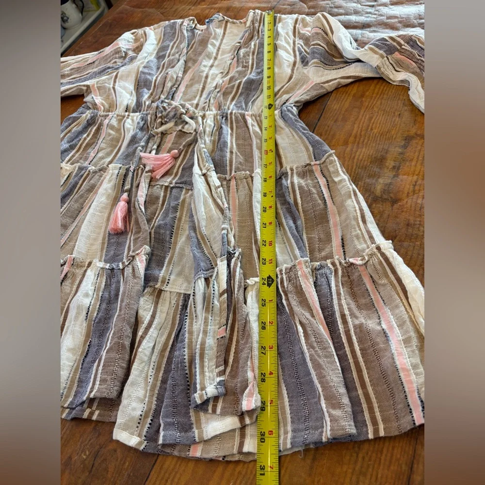Blue Island Womens Striped Tiered Boho Tunic Swim Cover‎ Up Tassel Tie Brown Med